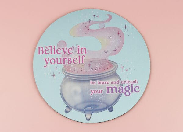 Enchanted Wands & Wishes - 'Believe in yourself' Glass Cauldron illustrated mousemat - Image 2