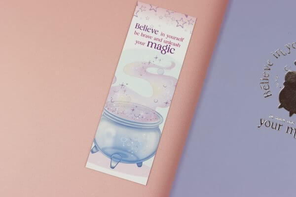 Enchanted Wands & Wishes- Velvety 'Believe in yourself' Glass Cauldron illustrated Bookmark - Image 2