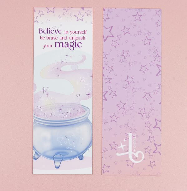 Enchanted Wands & Wishes- Velvety 'Believe in yourself' Glass Cauldron illustrated Bookmark - Image 4
