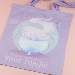 Enchanted Wands & Wishes - 'Believe in yourself" Glass Cauldron illustrated tote bag - LILAC