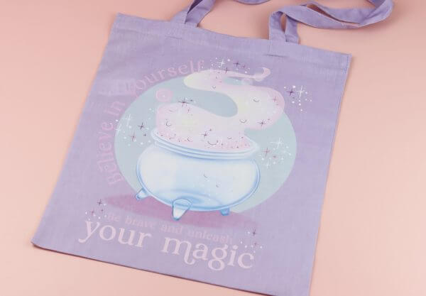 Enchanted Wands & Wishes - 'Believe in yourself" Glass Cauldron illustrated tote bag - LILAC