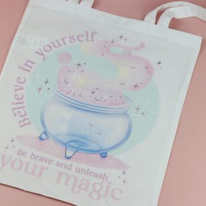 Enchanted Wands & Wishes - 'Believe in yourself" Glass Cauldron illustrated tote bag- WHITE